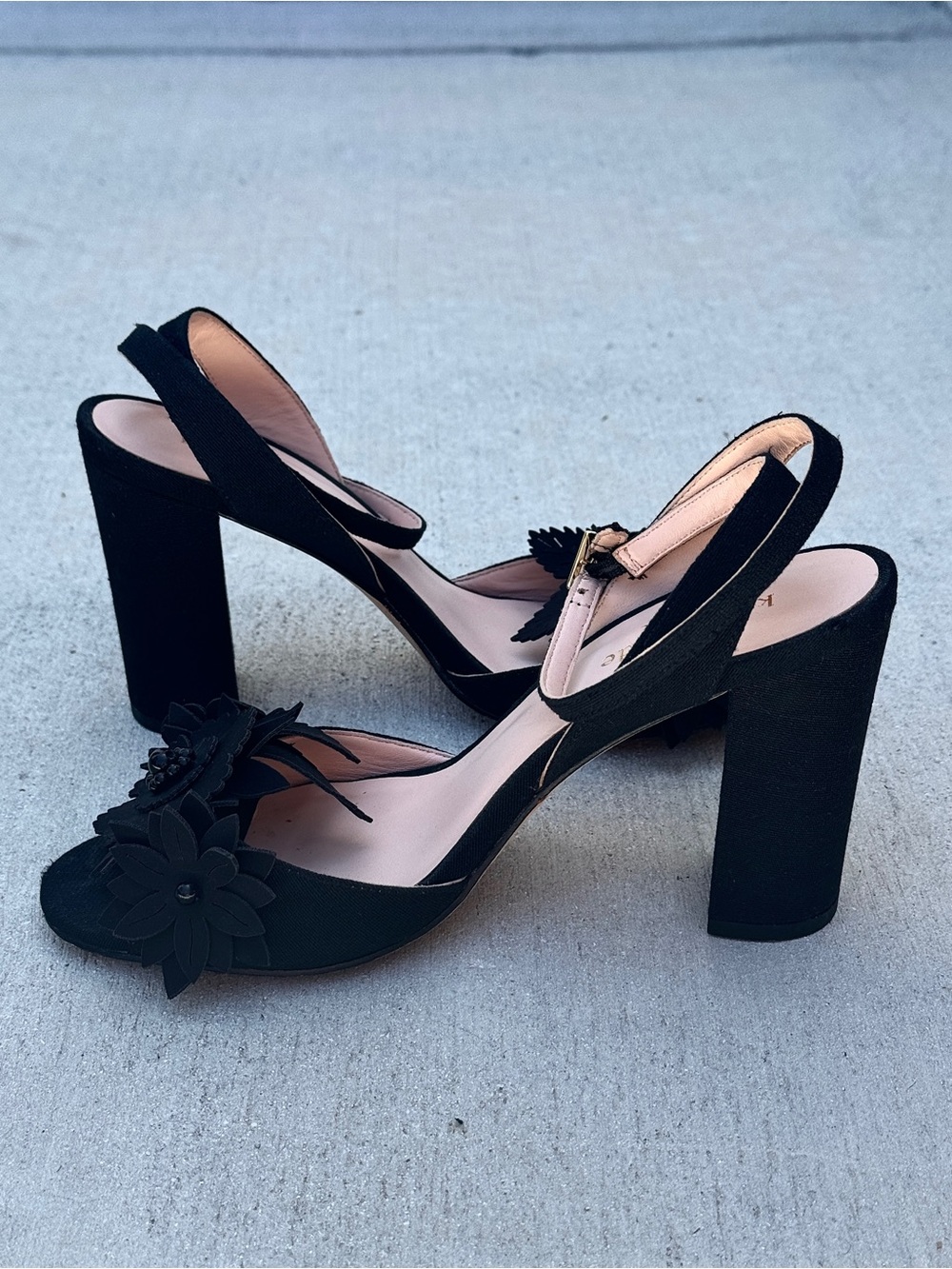 Kate Spade Black Floral Open Toe Block Heels